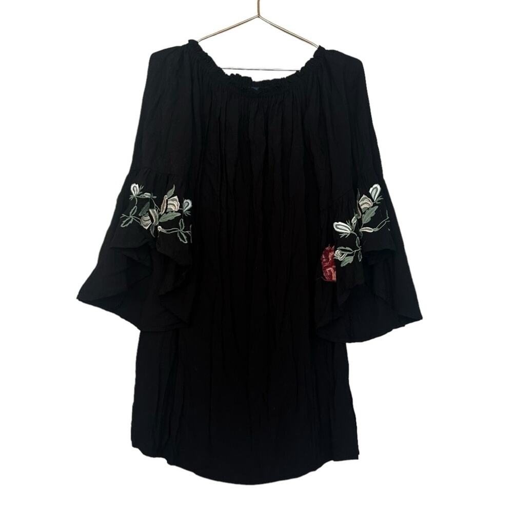 Blue Rain Off Shoulder Floral Embroidery Dress - Medium